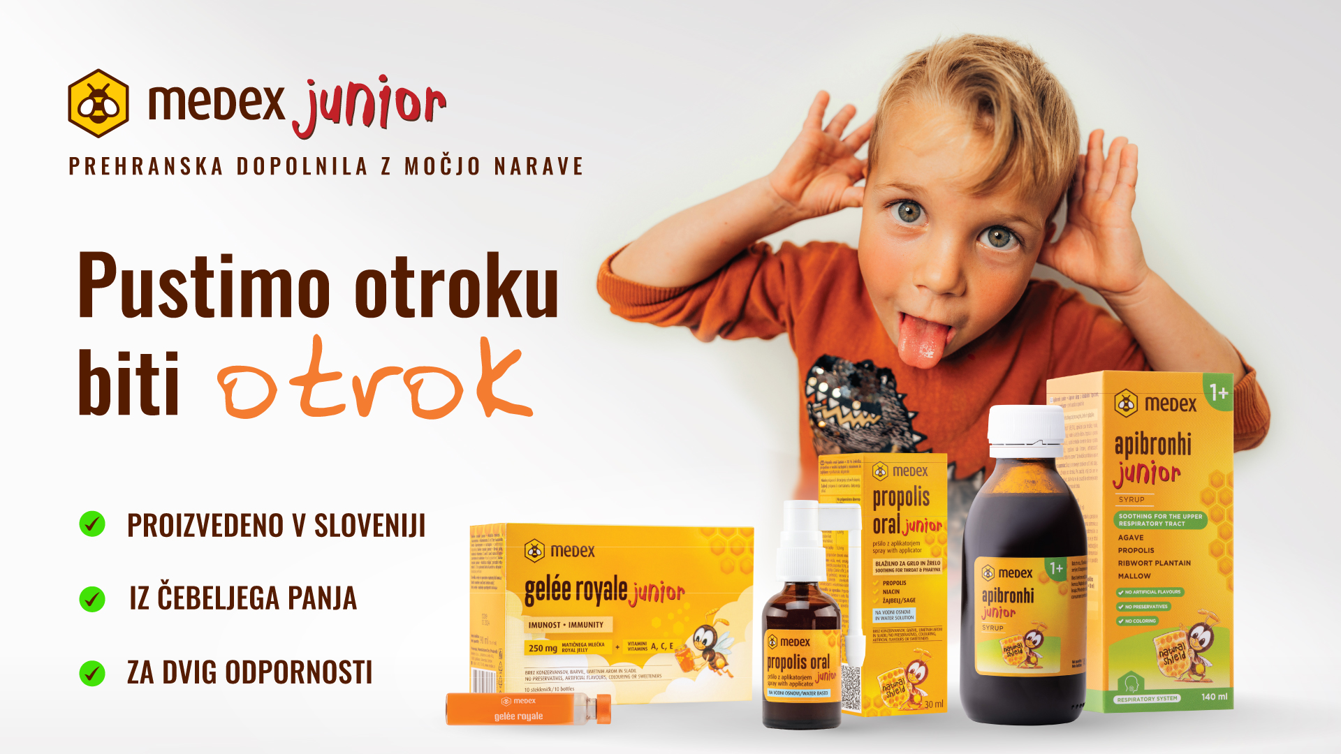 Oglasna pasica za Medex Junior: prehransko dopolnilo z močjo narave. Na sliki je igriv otrok in razni izdelki Medex.