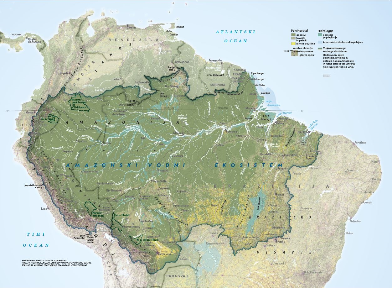 Prikazan je zemljevid porečja mogočne Amazonke in njenih
pritokov, ki se raztezajo čez celino. Tu uspeva največji deževni gozd na svetu, v njem pa živi nešteto rastlinskih in živalskih vrst.